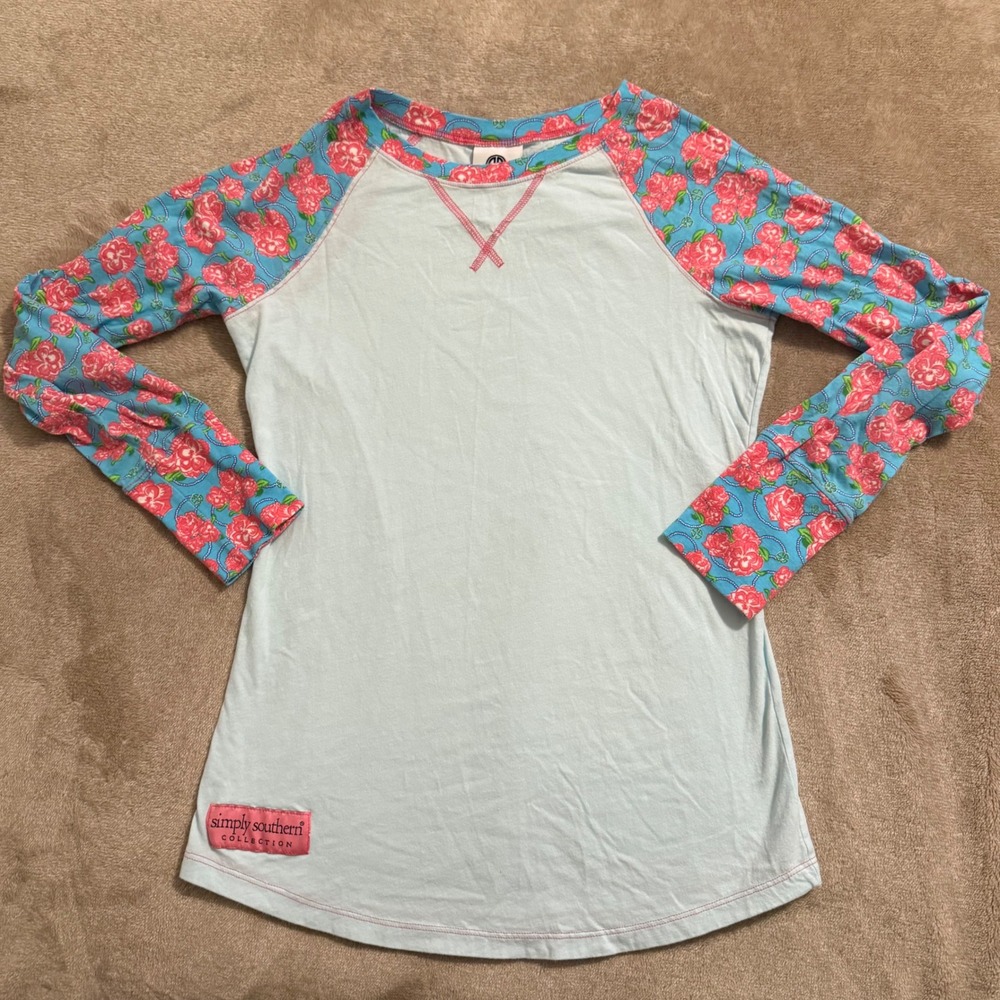 Simply Southern Womens Small Raglan Long Sleeve Tee Blue Pink Floral